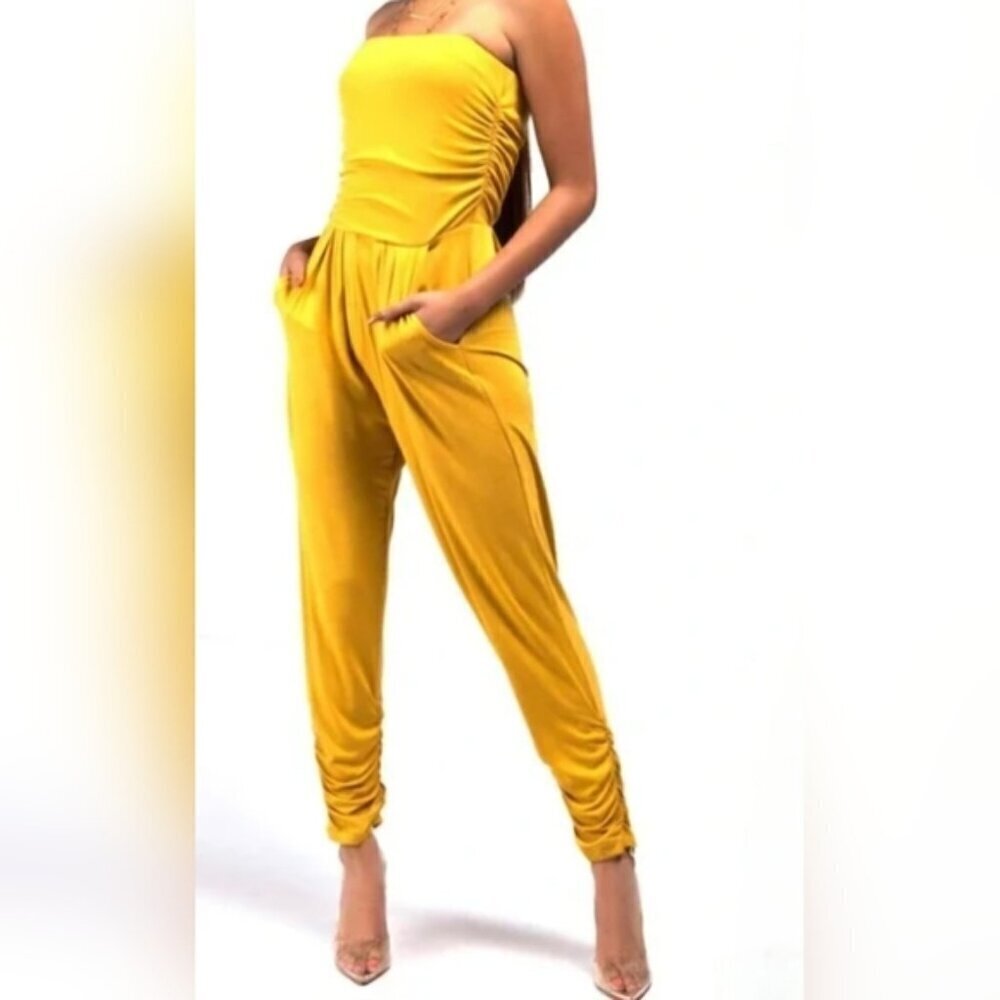 ADC Super Cute Yellow Strapless Jumpsuit Ruching on the Ankles
